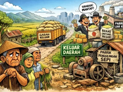 Panen Gabah di Sini, Untung Besar di Luar . Karikatur/AI
