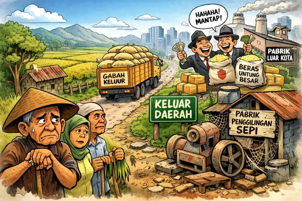 Panen Gabah di Sini, Untung Besar di Luar . Karikatur/AI